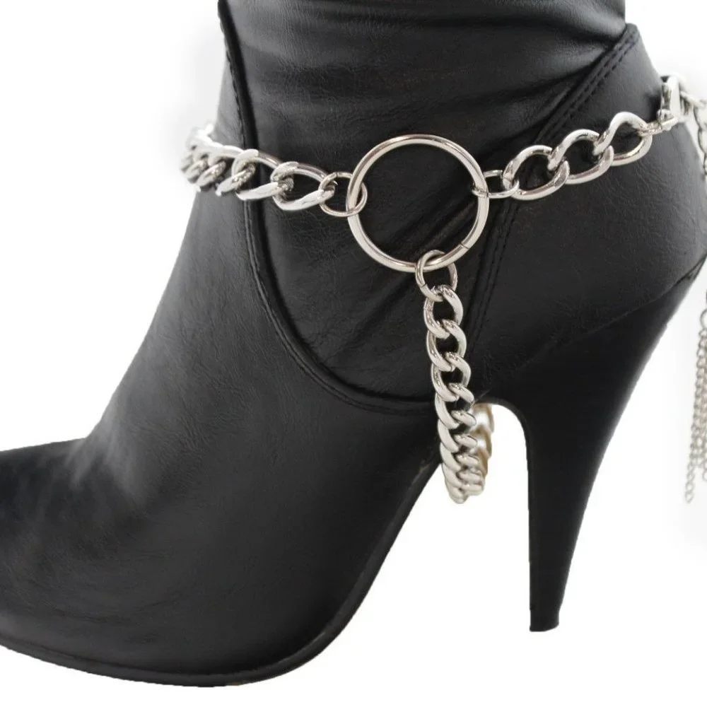 Women Silver Metal Boot Chain Bracelet Circle Back Tassel Shoe Charm Anklet - Picture 11 of 12